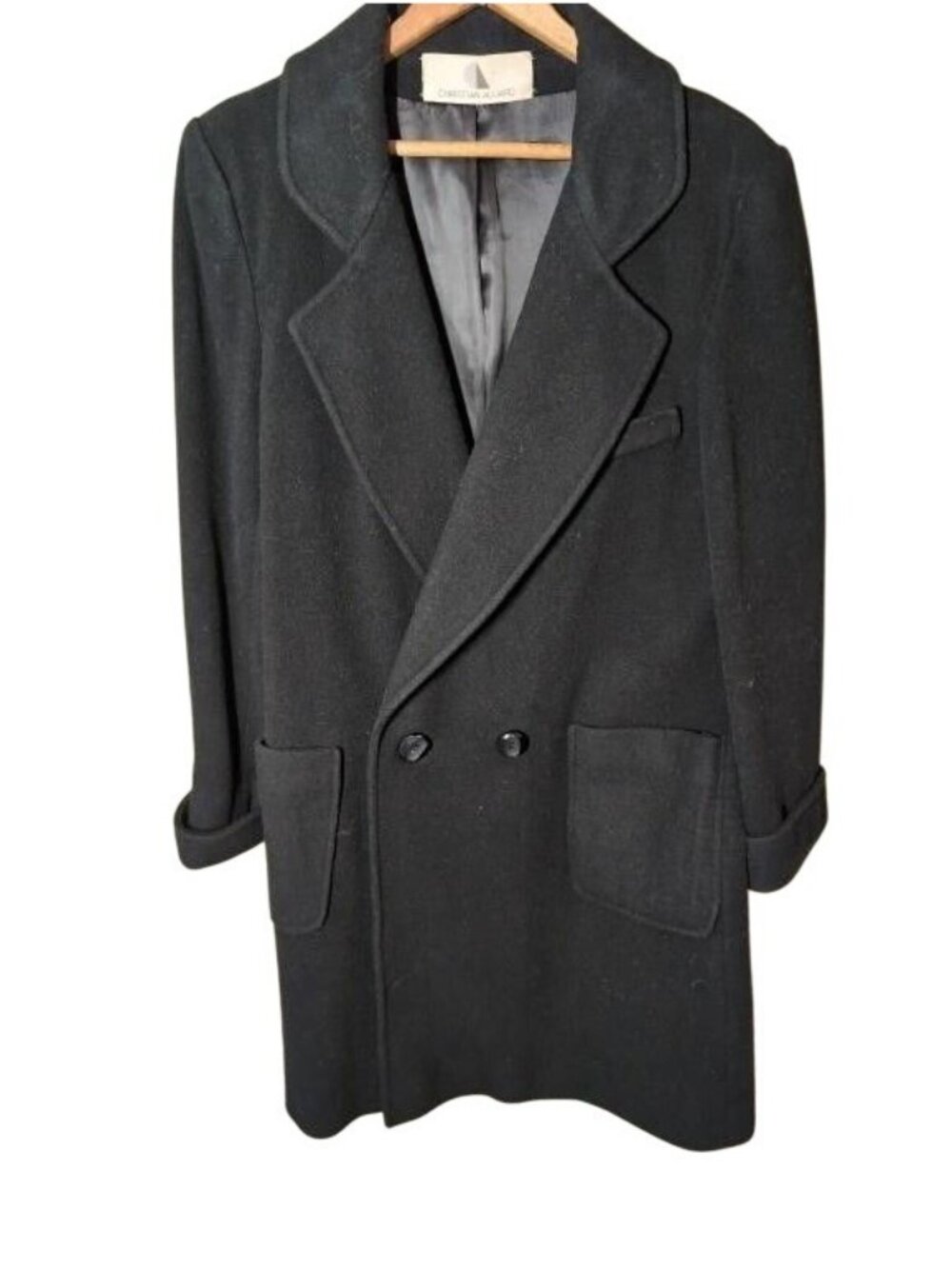 Vtg Christian Aujard Black 100% Wool Double Breasted Overcoat XL 2XL Mob Wife